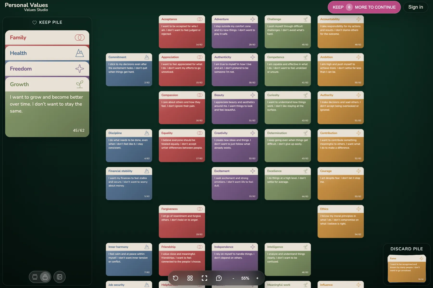 Values Studio: the value cards laid out on one table, four of them already in the keep pile and a few in the discard pile.